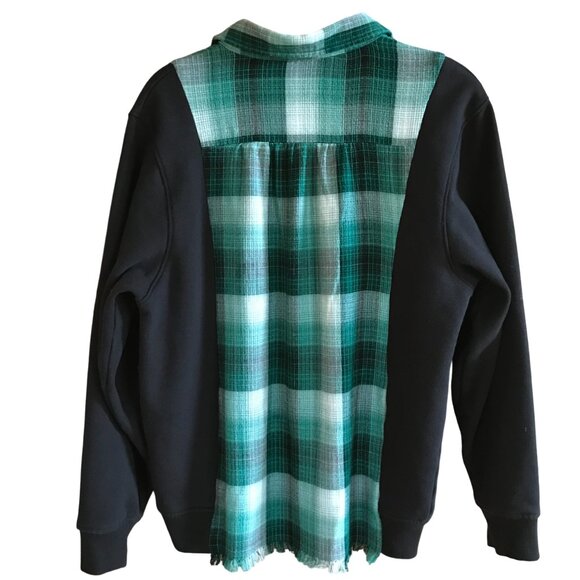 Upcycled Flannel Shirt, Size M: Green Plaid Sweatshirt, Button-Down Sweater - Picture 2 of 11